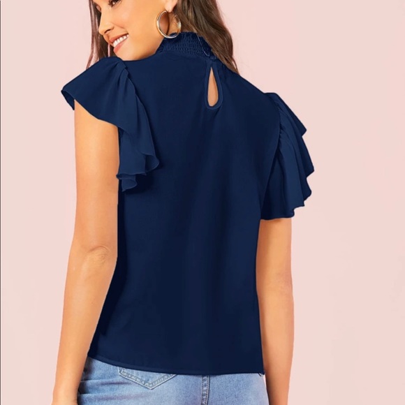 NWT - Short Sleeve Navy Blouse. Business Office Attire. Cute Navy Nautical Top. - Picture 2 of 4